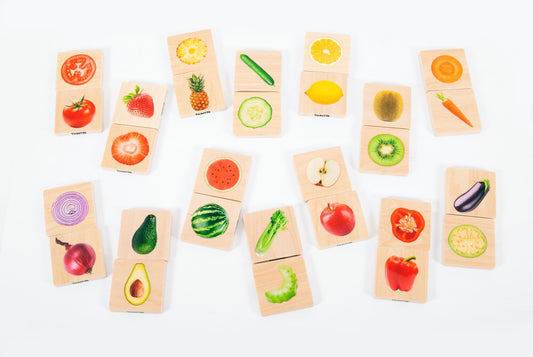 foto van het leuke spel voor dementerenden Houten Memo - Welke groente en fruit horen bij elkaar