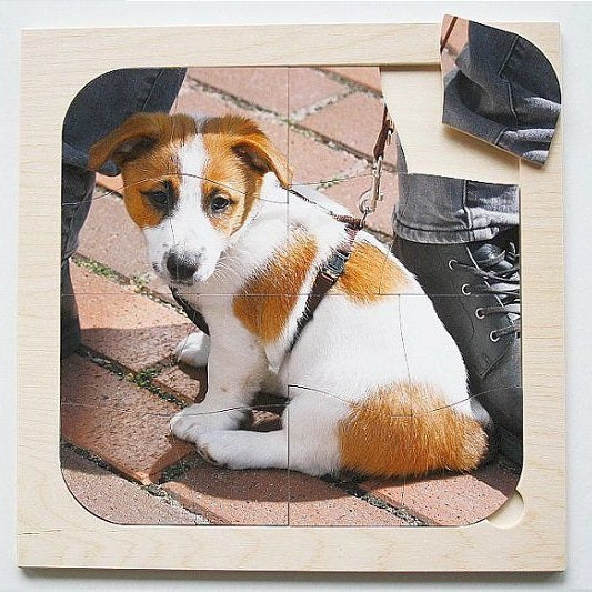 Houten Dementiepuzzel Hond – 16-delige puzzel met hondenmotief, speciaal ontwikkeld voor activering bij dementie.