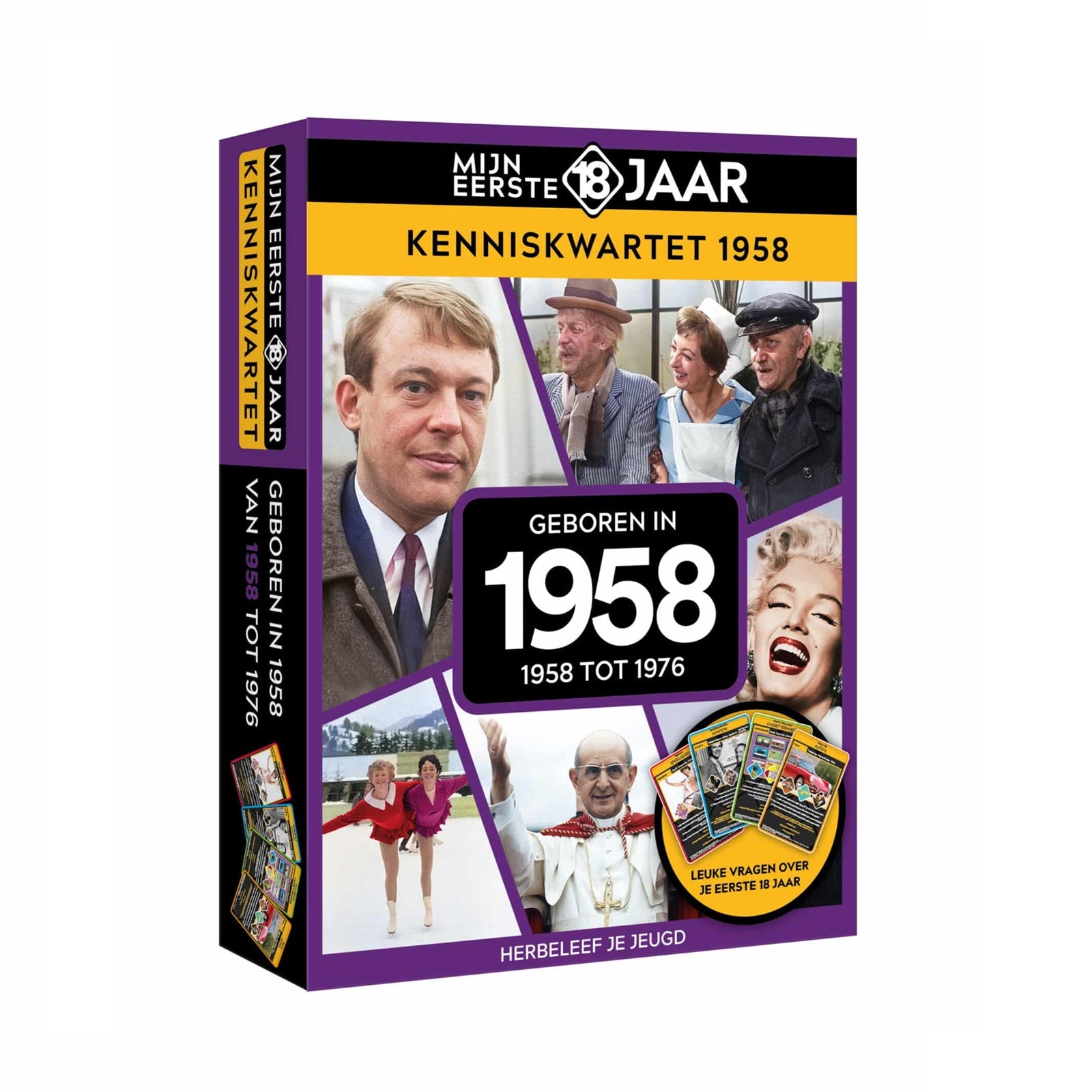 Mijn Eerste 18 Jaar Kenniskwartet 1958 – Kaartspel dat herinneringen en interactie stimuleert voor senioren.