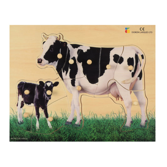 Houten Dementiepuzzel Koe met Kalf – Grote, makkelijk hanteerbare puzzelstukken die activering bevorderen voor senioren.