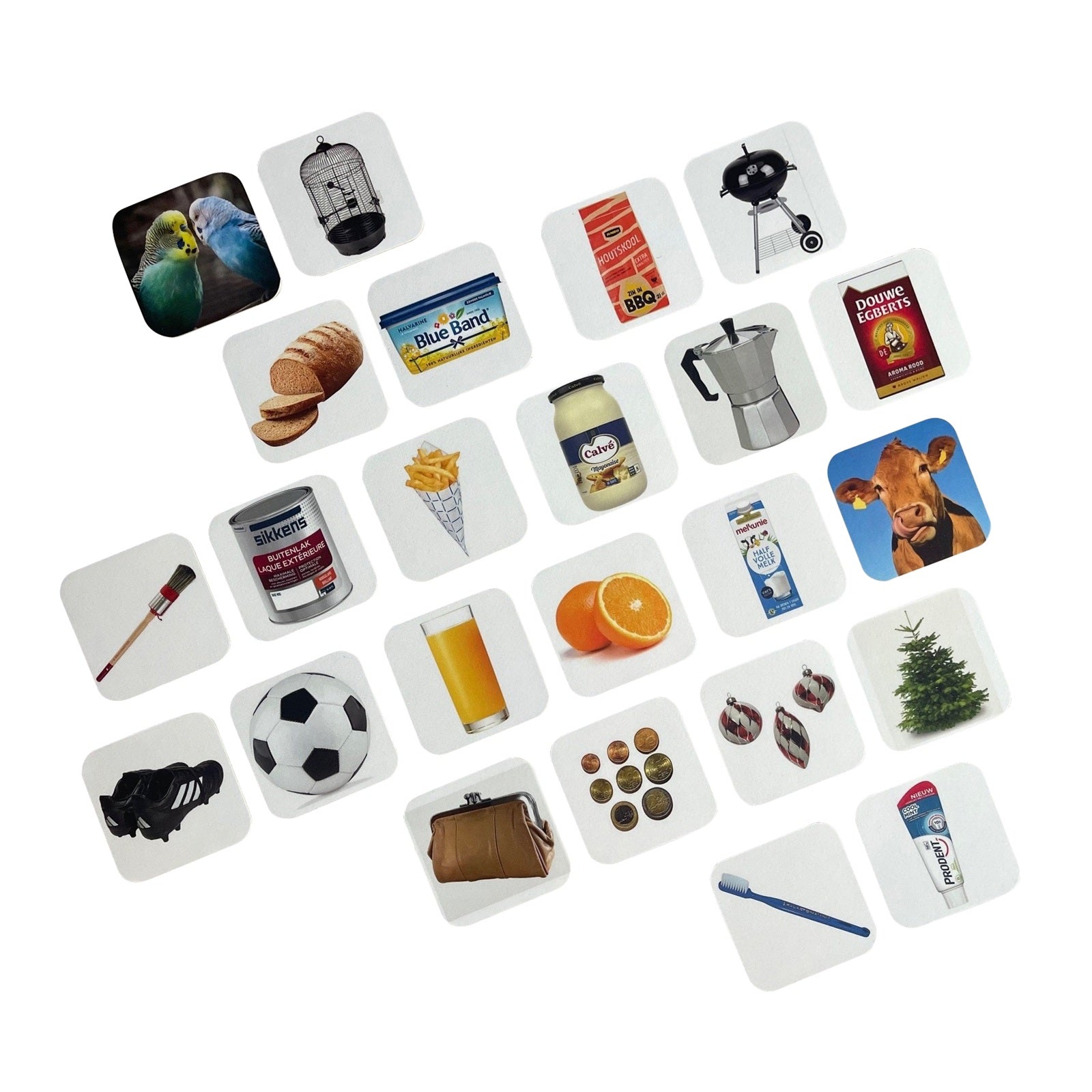 Overizchtsfoto van "Wat hoort bij wat?"een geheugen- en associatiespel dat herkenning en activering stimuleert voor senioren.