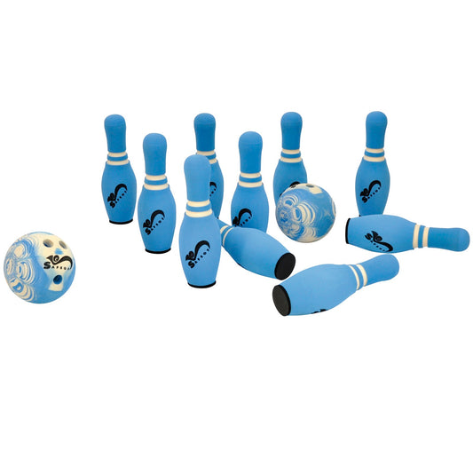 Kegelspel soft blauw – Bowlingspel dat activering en plezier biedt voor ouderen in verzorgingstehuizen.
