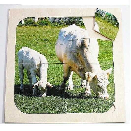 Houten Dementiepuzzel Koeien – 16-delige puzzel met koeienmotief, speciaal voor activering bij mensen met dementie.