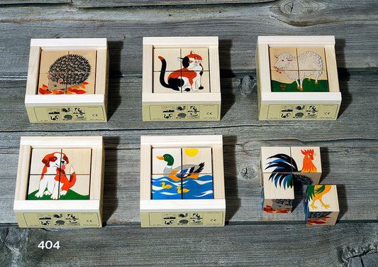 Kubus puzzel Huisdieren 4-delig – Sfeervolle houten puzzel met dierenthema, ontworpen voor activering en geheugen bij ouderen.