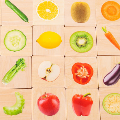 foto van het leuke spel voor dementerenden Houten Memo - Welke groente en fruit horen bij elkaar