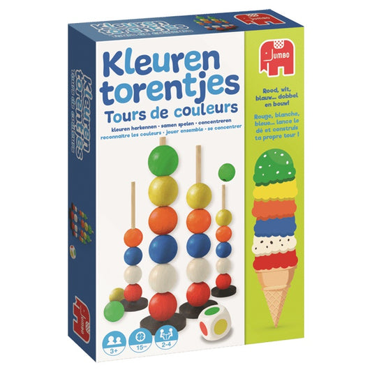 Kleurentorentjes – Kleurrijk dobbel- en bouwspel dat creativiteit en motoriek stimuleert voor alle leeftijden.