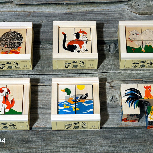Kubus puzzel Huisdieren 4-delig – Sfeervolle houten puzzel met dierenthema, ontworpen voor activering en geheugen bij ouderen.